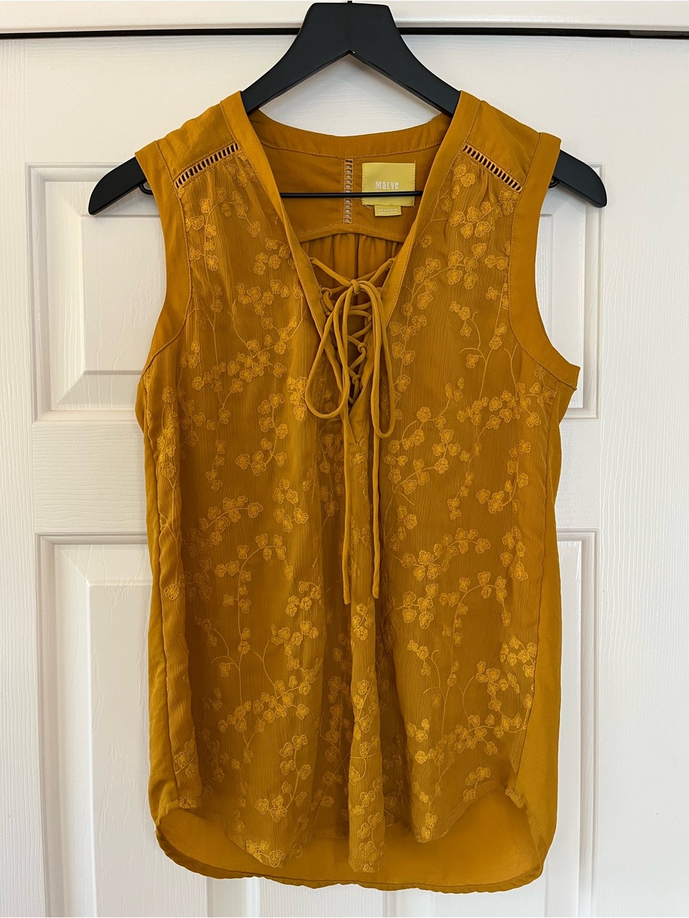 Anthropologie Maeve Lace-Up Floral Embroidered Sleeveless Top 0 Goldenrod